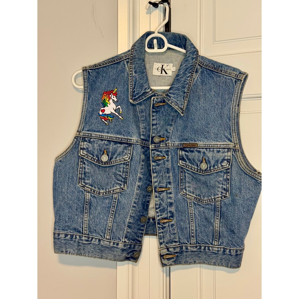 Vintage 90s CK Calvin Klein Denim Vest‎ USA Whatever Forever Patch Grunge